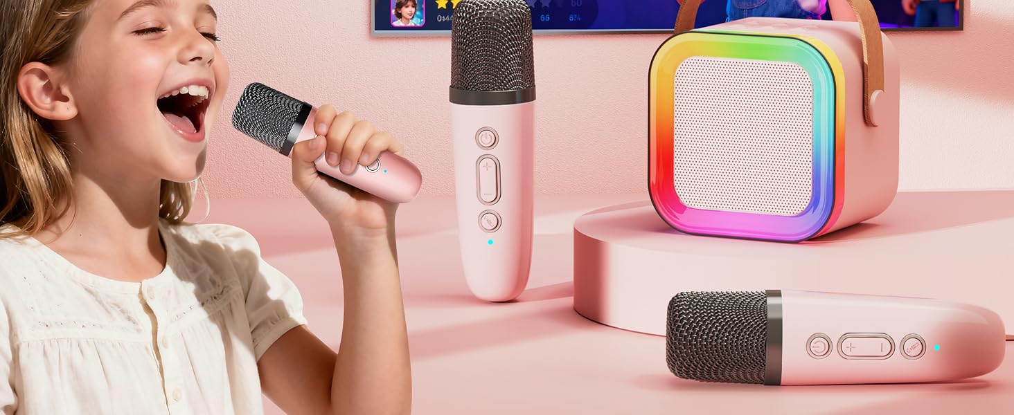 Kids Karaoke Machine for Ages 3-12, Portable Mini Bluetooth Speaker with Two Wireless Microphones