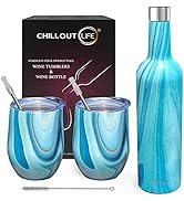 CHILLOUT LIFE Stainless Steel Wine Tumblers 2 Pack 12 oz & 1 Insulated Wine Bottle - Double Wall ...