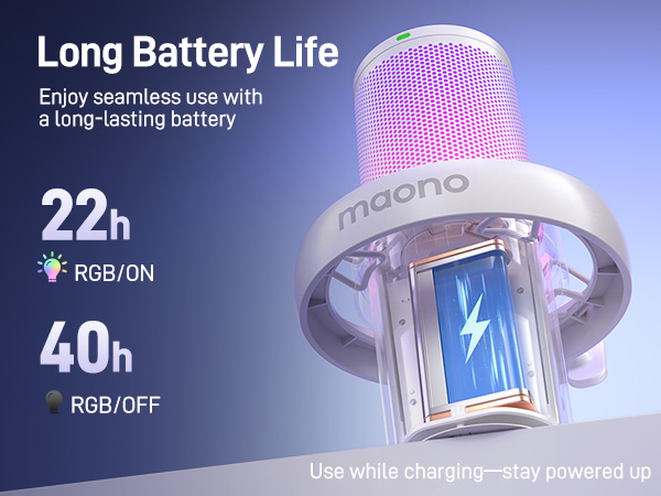 Maono portable speaker with long battery life. Features RGB lighting, 22h runtime with RGB on, 40h with RGB off. Can be used while charging.
