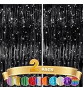 2 Pack Black Metallic Tinsel Foil Fringe Curtains, Door Streamers Photo Booth Backdrop for Birthd...