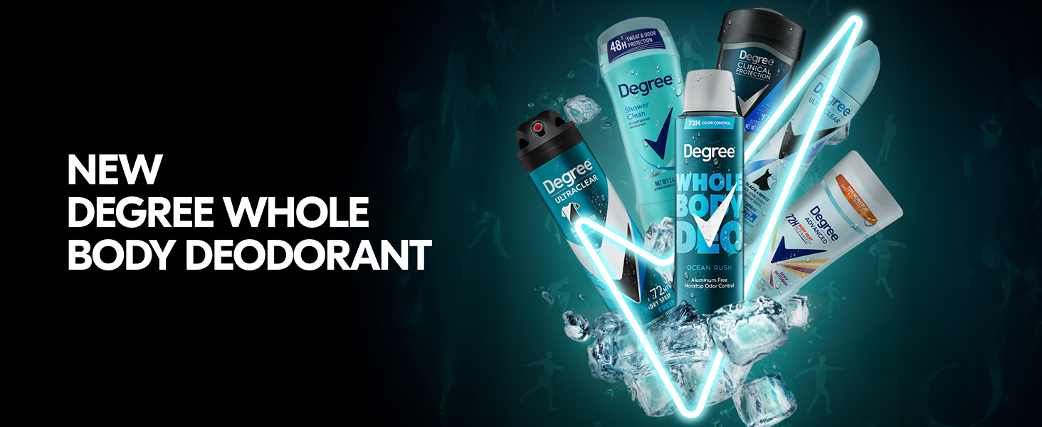 Full range of Degree deodorant products mirroring the shape of the Degree logo and immersed in ice.