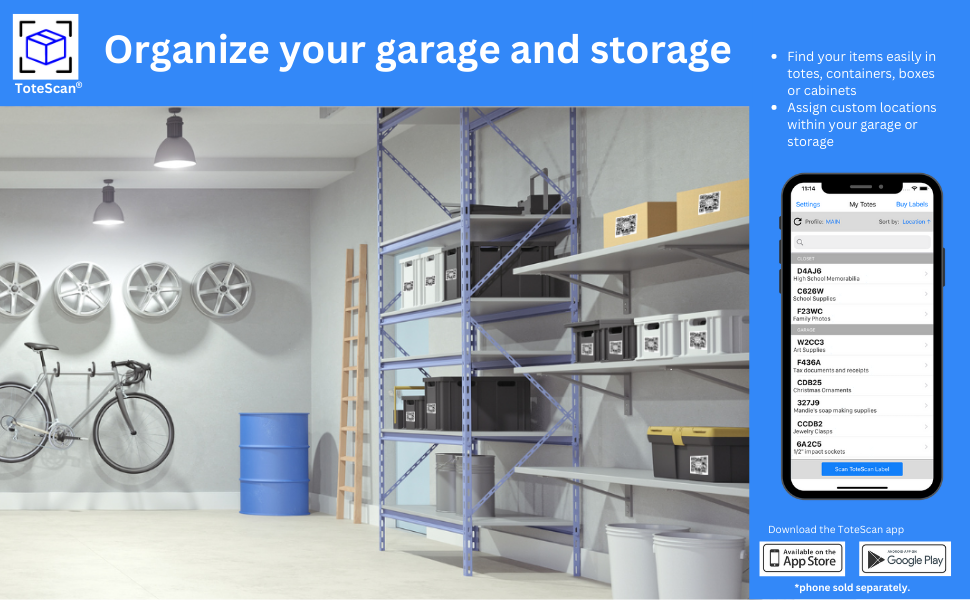 ToteScan intelligent QR labels. Organize your garage and storage