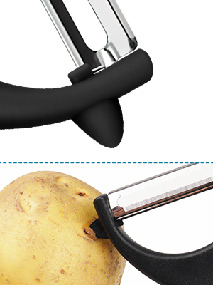 Dual-image of a black metal kitchen tool. Top shows the tool's handle and curved end. Bottom shows it being used to remove potato skin.