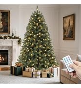 YITAHOME Pre-Lit Green Artificial Hinged Christmas Tree with Remote Control, 6ft Prelighted Spruc...
