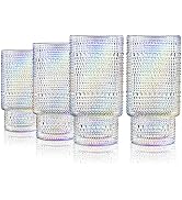 Joeyan Iridescent Drinking Glasses,Vintage Embossed Stacking Water Tumblers Romantic,Clear Hobnai...