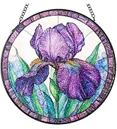 Floral Stained Glass Window Hanging, Purple Iris Suncatcher for Indoor Windows Glass Panel Garden...
