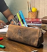 Rustic Town Leather Pencil Case - Full Grain Leather Zippered Pen Pouch - Stationery Bag Pen Hold...