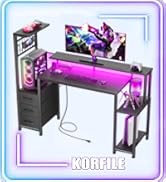 Korfile 48 Inch Gaming Desk with LED Lights & Power Outlets,Computer Desk with Fabric Drawers