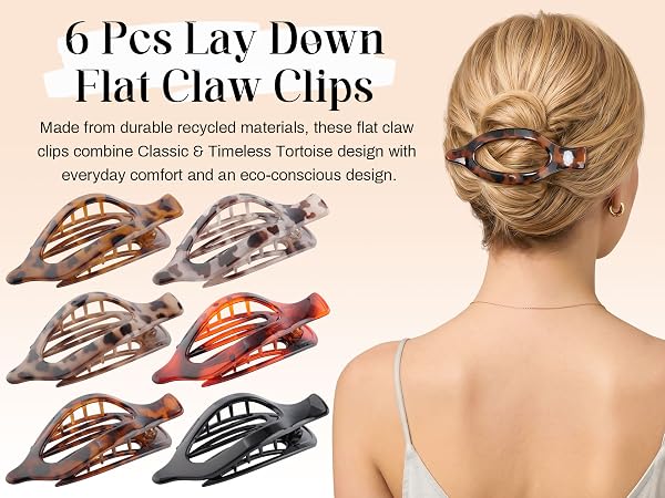 6 beautiful colors, endless styles. Secure your hair comfortably with our flat claw clips!