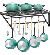 OROPY 31 Inch Wall Mounted Pot Rack Storage Shelf with 2 Tier Hanging Rails 14 S Hooks included, ...