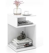 Giantex 3-Tier Side Table, S-Shaped End Table with 2 Open Storage Compartments, Wood Narrow Bedsi...