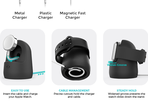 Three types of smartwatch chargers: metal, plastic, and magnetic fast charger. Product images show cable management features and steady hold design.