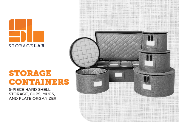 StorageLab Storage Containers 5-Piece Hard Shell Storage Cups, Mugs, and Plate Organizer