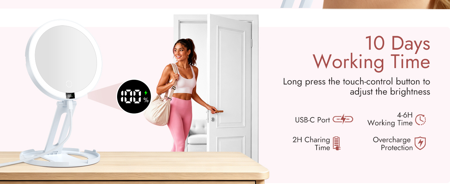 USB-C rechargeable mirror, type c charging mirror, rechargeable makeup mirror