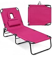 Goplus Tanning Chair, Folding Beach Lounge Chair with Face Hole, Removable Pillow, Carry Strap, P...