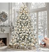 YITAHOME Prelit Snow Flocked Artificial Full Christmas Tree 6ft with Remote Control, Christmas Pi...