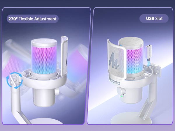 Cylindrical microphone with RGB lighting, 270° flexible adjustment arm, and USB slot. White base with adjustable mount. Dual panel image showing front and side views.