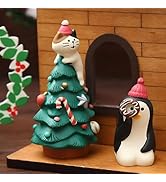 Eysinyge Mini Christmas Tree Figurine with Cat and Penguin, Cute Resin Holiday Decor for Fairy Ga...