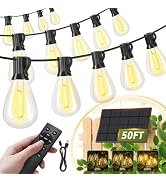 Amzrap 50FT Solar String Lights Outdoor, 18+1LED Shatterproof Bulbs with Remote & USB Port, Water...