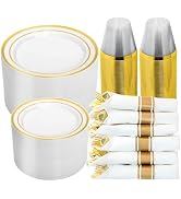 N9R 350 PCS Gold Plastic Dinnerware Set for 50 Guests, Gold Plastic Plates, Disposable Plate for ...