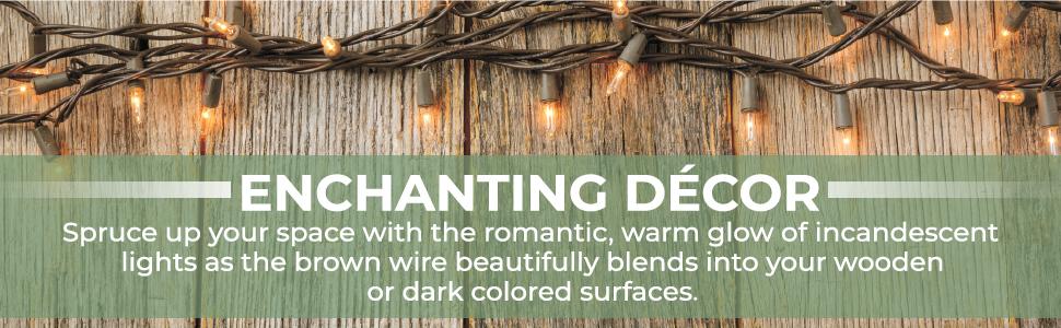 Clear Christmas Lights on Brown Wire Blends with Wood Surfaces