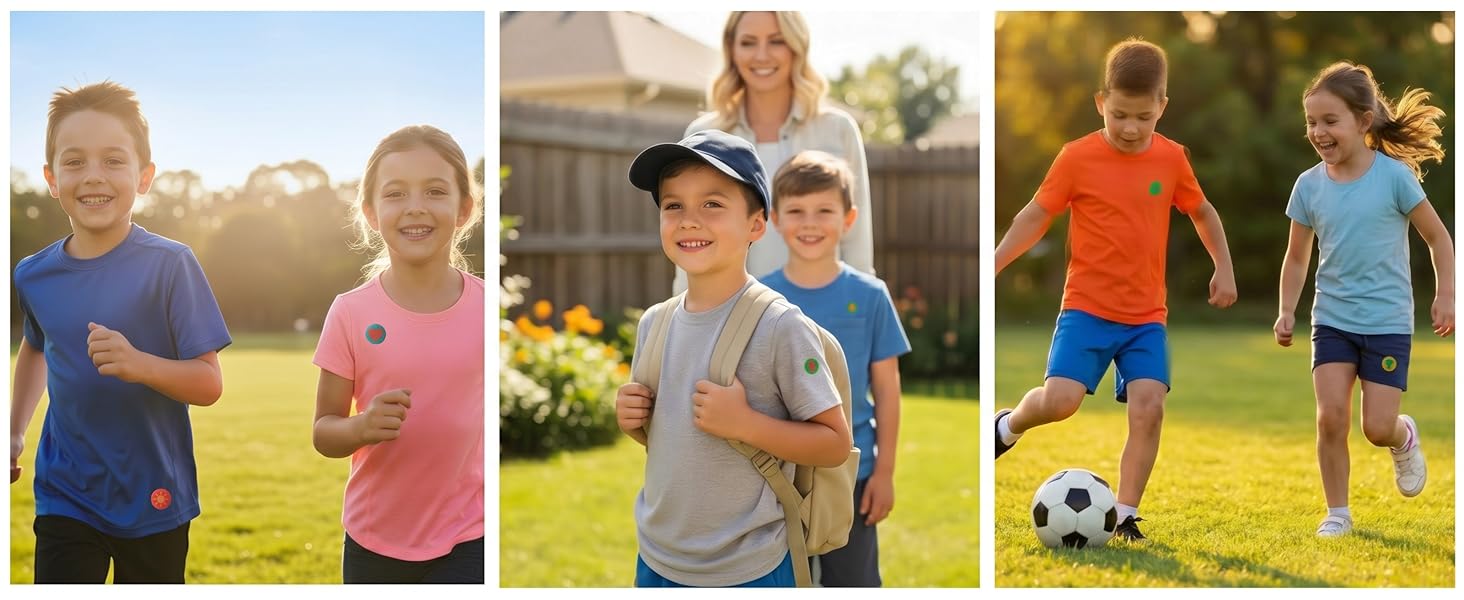 Kids wearing mosquito repellent patches while running, playing soccer, and posing with mom outdoors