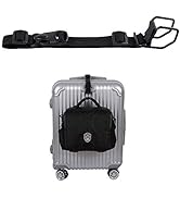 Black adjustable luggage strap with plastic buckles shown above a silver hardshell suitcase with attached black travel bag. Demonstrates strap's use in securing additional baggage to luggage.