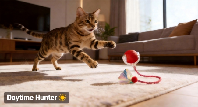 Red interactive cat toy ball active hunting play for bengal cat in sunny living room