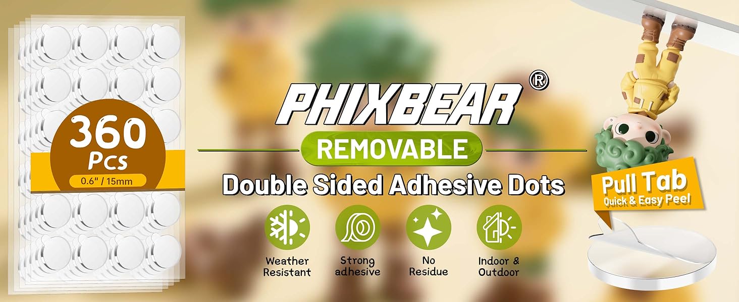 PHIXBEAR Removable Double Sided Adhesive Dots with Pull Tab Quick & Easy Peel