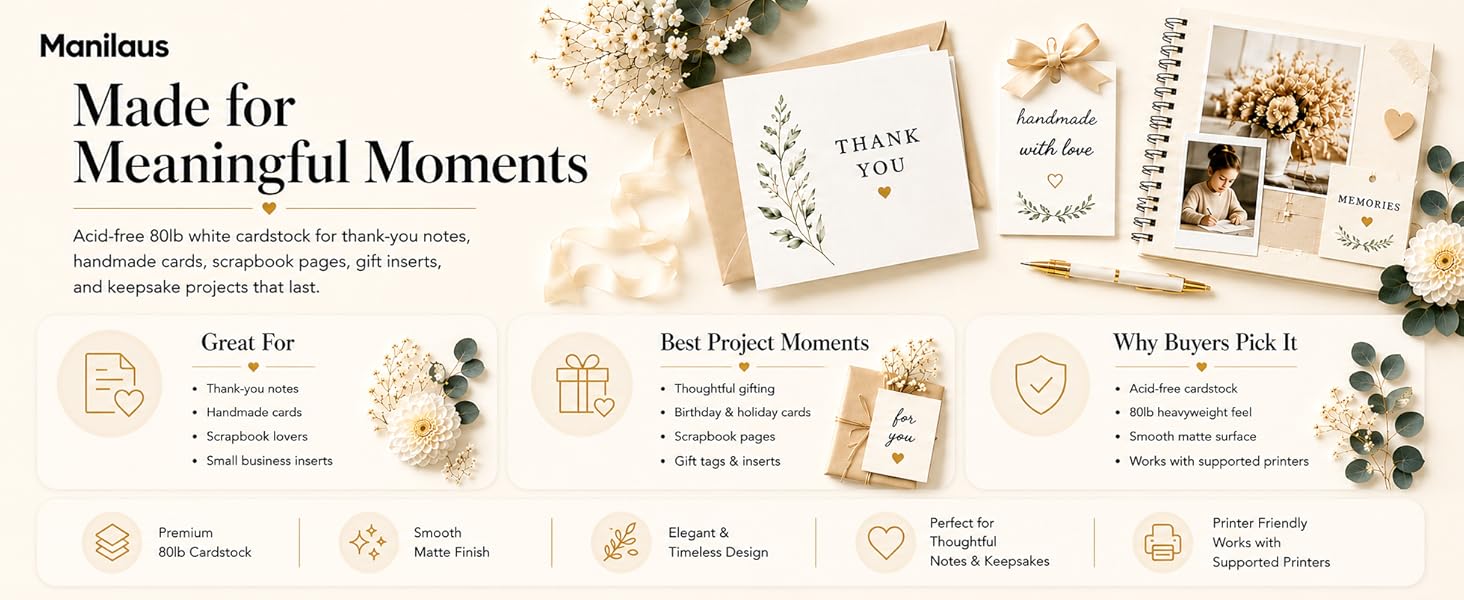 Acid-free 80lb white cardstock for thank-you notes, handmade cards and inserts