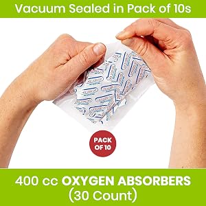 Oxygen Absorbers for Mylar Bags packed in vacuum sealed packs of 10