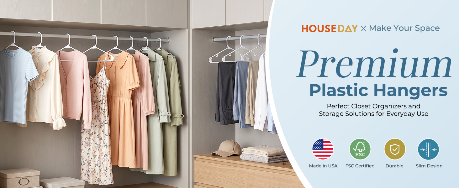 White plastic hangers holding shirts, long dress, and pants. Sleek uniform look. Perfect for scloset