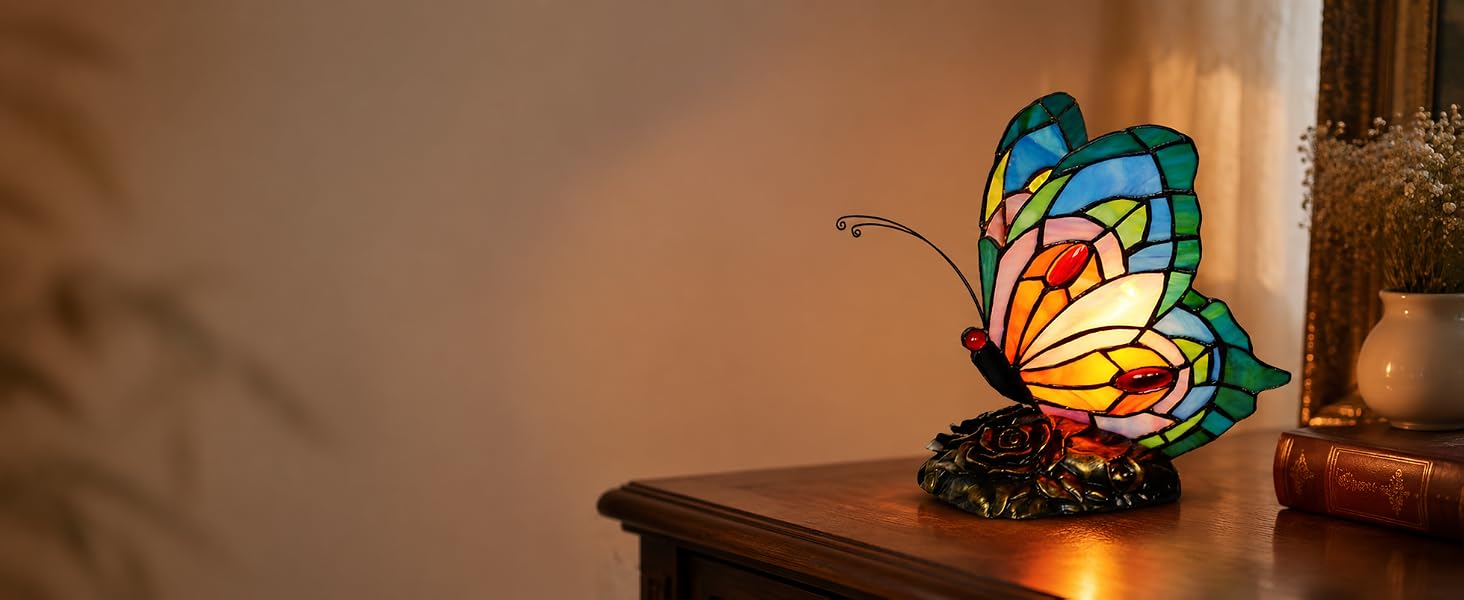 Bieye L10040 Butterfly Tiffany Style Stained Glass Accent Table Lamp
