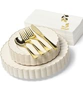 By Madee HEAVYWEIGHT 175 PcThanksgiving Plates and Napkins Sets | Ivory Scalloped Plates with Gol...