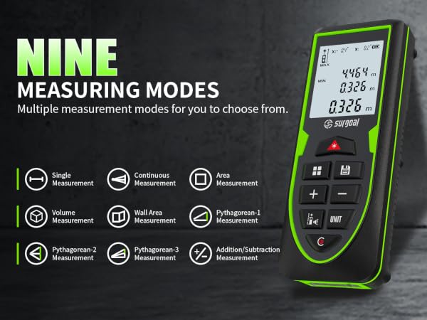 Nine measuring modes for versatile distance measurement.