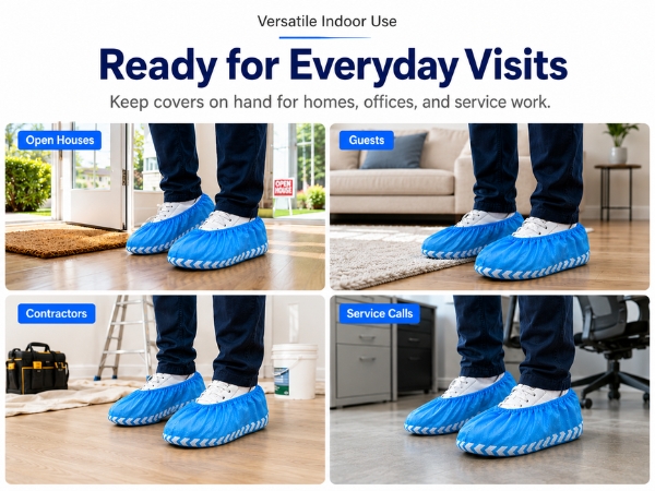 Disposable blue shoe covers for homes, offices, open houses, and service calls