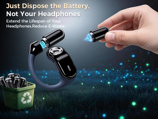 Text reads 'Just Dispose the Battery' and 'Not Your Headphones'. Illustration showing electronic device disposal process with glowing blue effects.