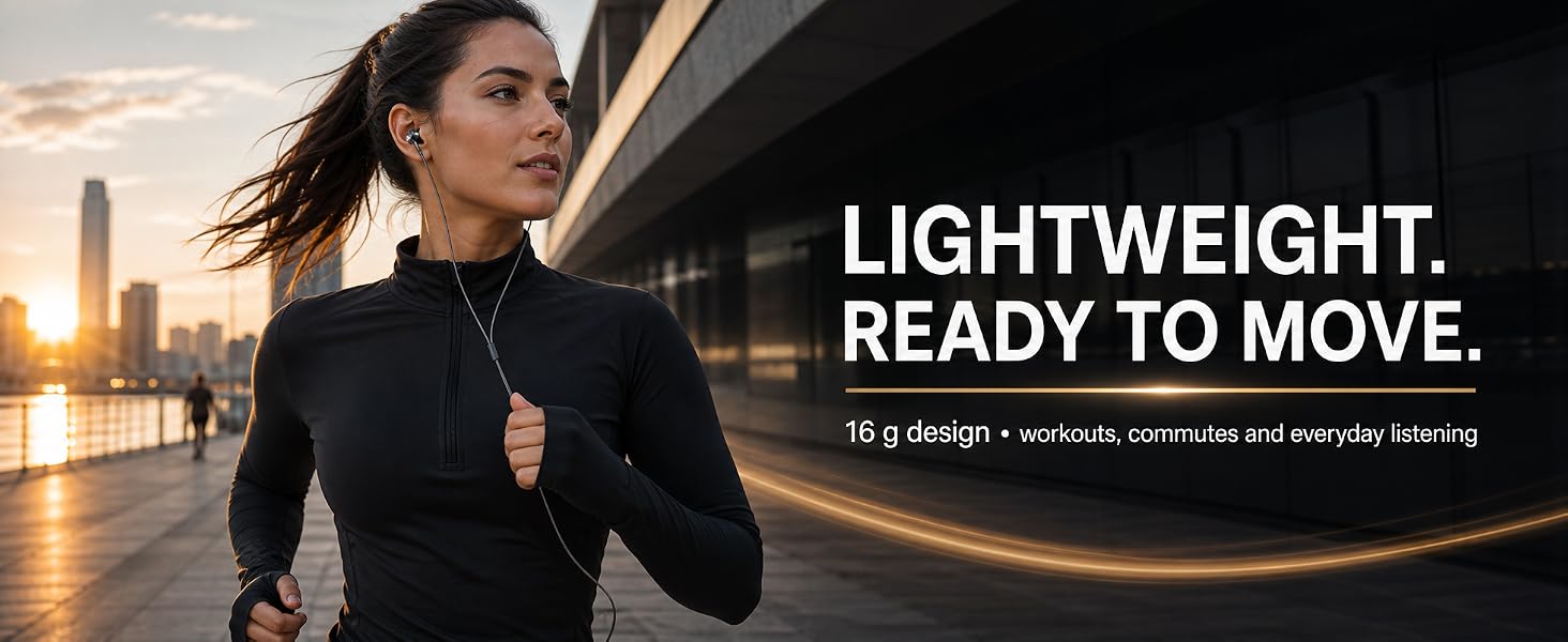 Woman running at sunrise while wearing lightweight Betron BS10 wired in-ear headphones