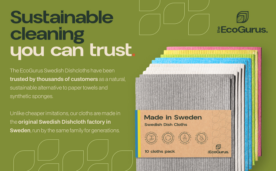 Text reads 'Sustainable' and 'you can trust' with 'Made in Sweden'. Green background with text and informational content displayed in panels.