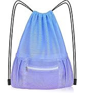 Nidoul Mesh Drawstring Bag with Zipper Pocket, Beach Bag for Swimming Gear Backpack Gym Storage B...