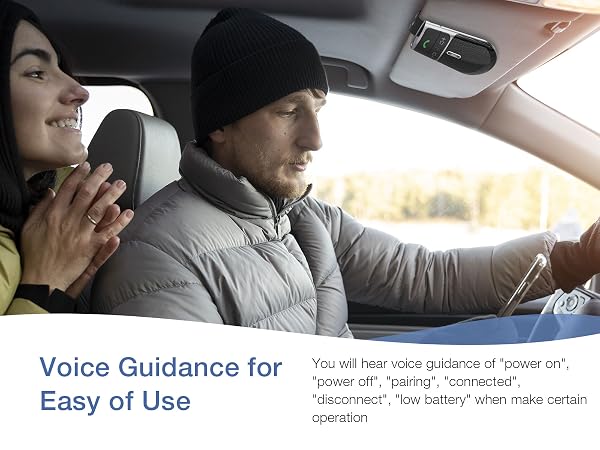 In-car Bluetooth device mounted on sun visor. Text below describes voice guidance for easy use, including power, pairing, and connection commands.