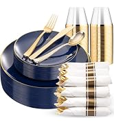 KIRE 175Pcs Blue Plastic Plates - Navy Blue Plates Disposable - 25 for Dinner 25 for Dessert 25 P...