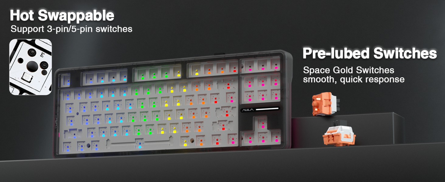 hot swappable mechanical custom keyboard creamy sound pre-lubed switches south-facing lighting
