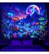 Simpkeely Blacklight Mushroom Moon Tapestry for Bedroom, Fantasy Tapestries | UV Reactive Galaxy ...