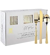 WDF300 Pieces Gold Plastic Silverware - Heavy Duty Disposable Cutlery Set Plastic Gold Silverware...