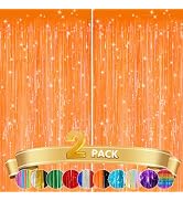 2 Pack Orange Metallic Tinsel Foil Fringe Curtains, Door Streamers Photo Booth Backdrop for Birth...