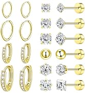 Nunpag 10 Pairs Stainless Steel Stud Earrings Colorful CZ Stud Earrings 20G Stud Earings 8mm 10mm...