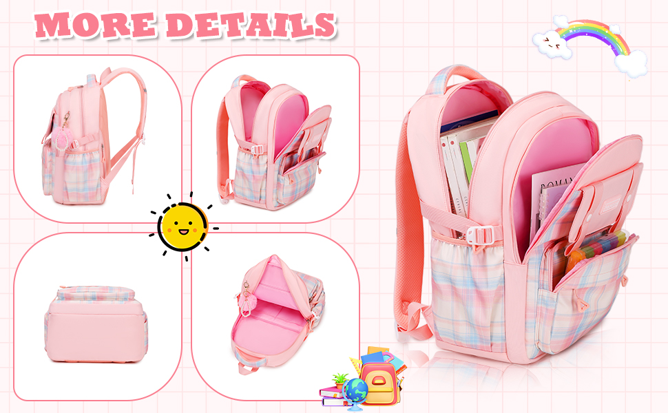 Different parts of a girl's school Backpack are shown