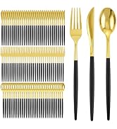 I00000 300 Pcs Gold Plastic Silverware - Gold Disposable Silverware - Heavy Duty Black and Gold P...