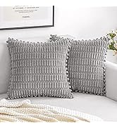 MIULEE Light Grey Corduroy Decorative Throw Pillow Covers Pack of 2 Pom-pom Soft Boho Striped Pil...